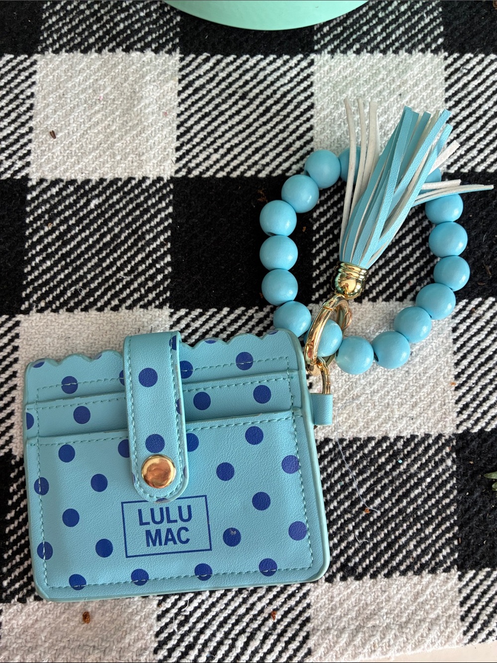 Lulu Mac Aqua Polka Dot Card Holder with Beaded Wristlet